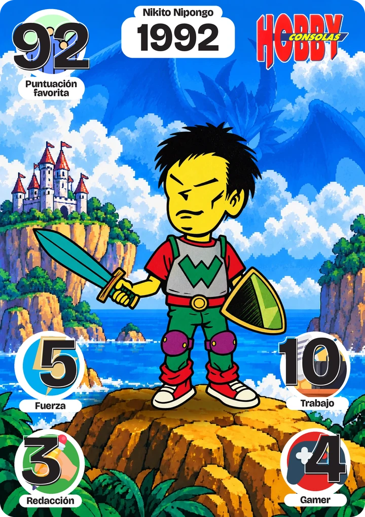 Nikito Nipongo (1992): Fuerza 5, Trabajo 10, Redacción 3, Gamer 4, Puntuación favorita 92
